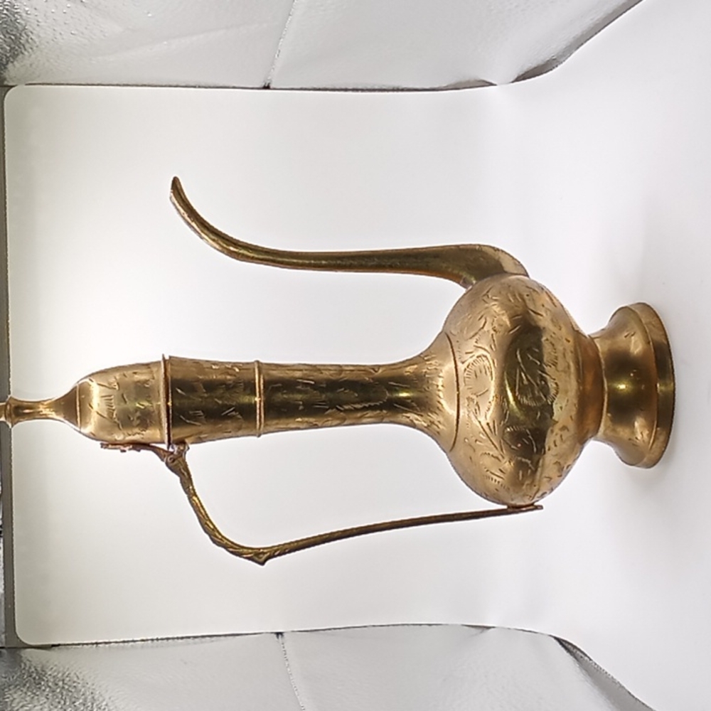 Vintage Etched, Long Neck, Brass Decorative Pitcher With Lid. Made in India